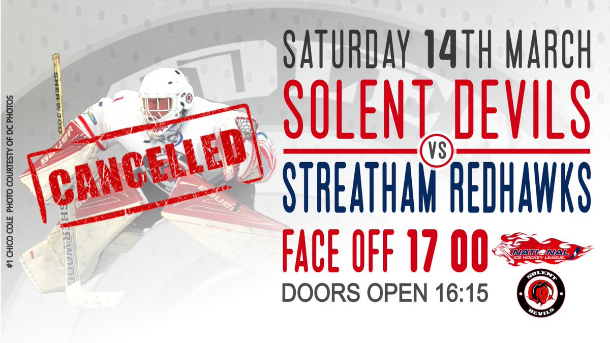 SolentDevil's tweet photo. 🚨WEEKEND CANCELLED🚨

Solent Devils IHC have taken the decision to cancel today’s game and suspend future fixtures until further notice in light of the COVID-19 pandemic. https://t.co/qIywedHEoX