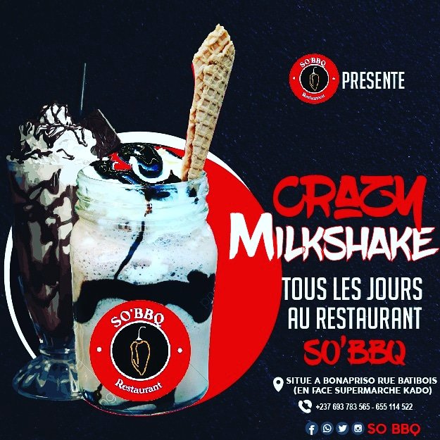 sobarbecue's tweet photo. Les #Crazy_Milkshake sont toujours disponible chez nous 7/7
Alors n'hésitez plus et offrer lui une saveur glacée chez nous.
📌Bonapriso Rue Batibois ( face supermarché Kado )
☎ 693783565  -  655114522
#Milkshake
#Glaces
#SOBBQ
#BonWeekend https://t.co/rQk8GiBCj9