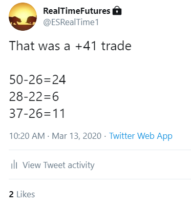 3/13. One quick (around 30 minutes) trade for private group but some unfortunately some got messed up or did not take due to March, June ES contract rollover confusion, some did. #es_f  $spx  $spy  #options  #futures