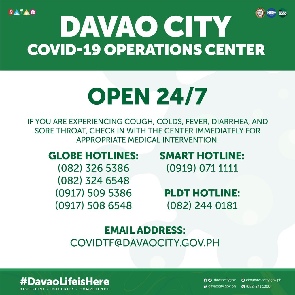 davaocitygov's tweet photo. DAVAO CITY COVID-19 OPERATIONS CENTER - OPEN 24/7

If you are experiencing cough, colds, fever, diarrhea, and sore throat, check in with the Center immediately for appropriate medical intervention. https://t.co/m4kc91kJ5M