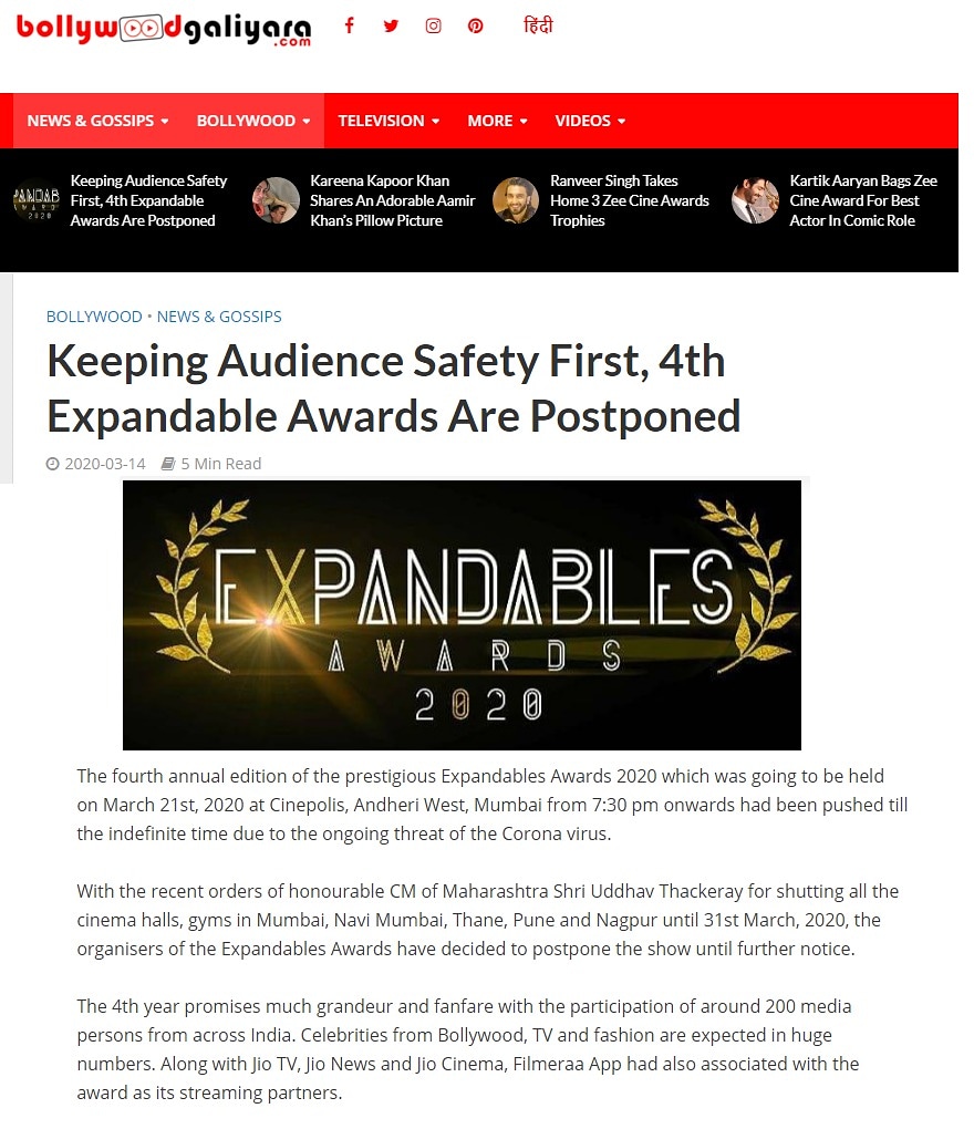 iamexpandables's tweet photo. 4th Expandables Awards 2020 postponed till the indefinite time due to ongoing Corona virus threat.

@DigitalGaliyara

https://t.co/KMCvy9W24B https://t.co/H90kDgG9Th