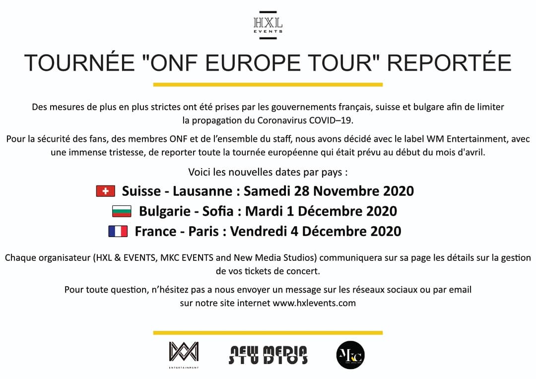 Ckjpopnews's tweet photo. [INFO] ⚠️ @HXLEvents viennent d'annoncer le report du concert de #ONF.

➡️ Pour la France, le concert initialement prévu pour le 4 avril sera finalement reporté au 4 décembre. En cas de nécessité, n'hésitez pas à prendre contact avec l'organisateur ! 

#Corée #ONFinParis https://t.co/7eRncAbQw1