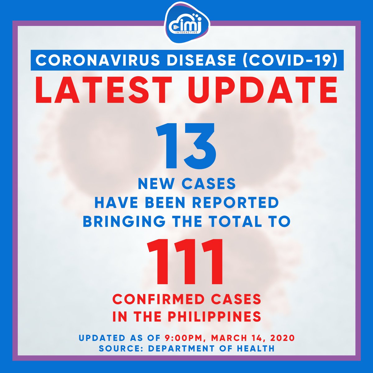 IMJiofficial's tweet photo. JUST IN: DOH confirms an additional 13 on top of 34 new cases earlier, bringing the total number of COVID-19 cases in the country to 111 as of 9pm today, March 14, 2020
#IMJiNews
#COVID19
#PHUpdates https://t.co/rLKfjuVJxI