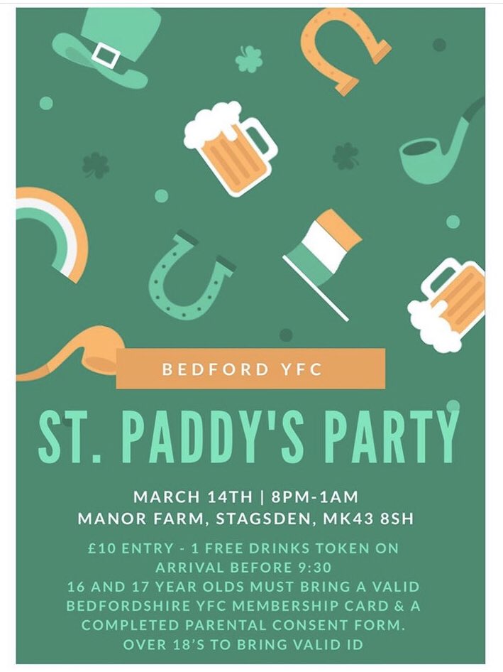 Woburn & District YFC (@woburn_yfc) on Twitter photo Tonight is the <a href="/bedford_yfc/">Bedford and District Young Farmers Club</a> St Patrick’s Day party!
Details below - please text Helen if you need the parental consent form! Tonight is the <a href="/bedford_yfc/">Bedford and District Young Farmers Club</a> St Patrick’s Day party!
Details below - please text Helen if you need the parental consent form!