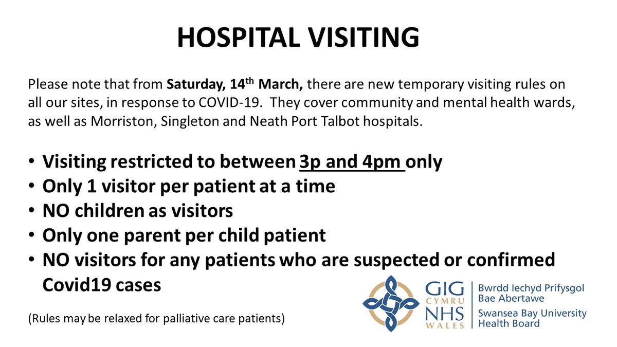 SwanseabayNHS's tweet image. IMPORTANT - new hospital visiting rules from today, Saturday 14th March #COVID19