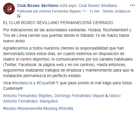 boxeosevilla's tweet photo. EL CLUB BOXEO SEVILLANO PERMANECERÁ CERRADO.

En cuanto estemos en disposición de reabrir el centro deportivo, lo comunicaremos por los canales habituales ( Twitter, Facebook, la página web y en los centros). 

Que pase pronto el mal trago para todos. Cuidense!!

#boxeo #Sevilla https://t.co/UczpNl3SFy