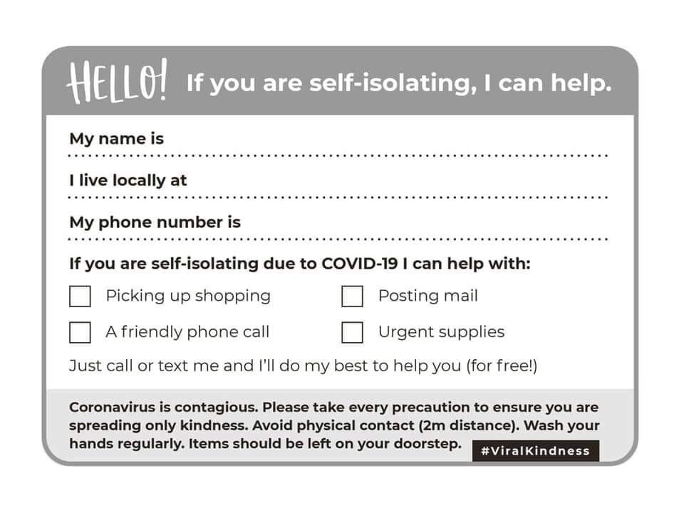 GreenJudd's tweet photo. If you suspect your neighbours could be self-isolating why not print out and fill in some of these forms and drop them through their letterboxes. They might be confined to their homes but we can let them know they are not alone. https://t.co/3mM9rhmw7O