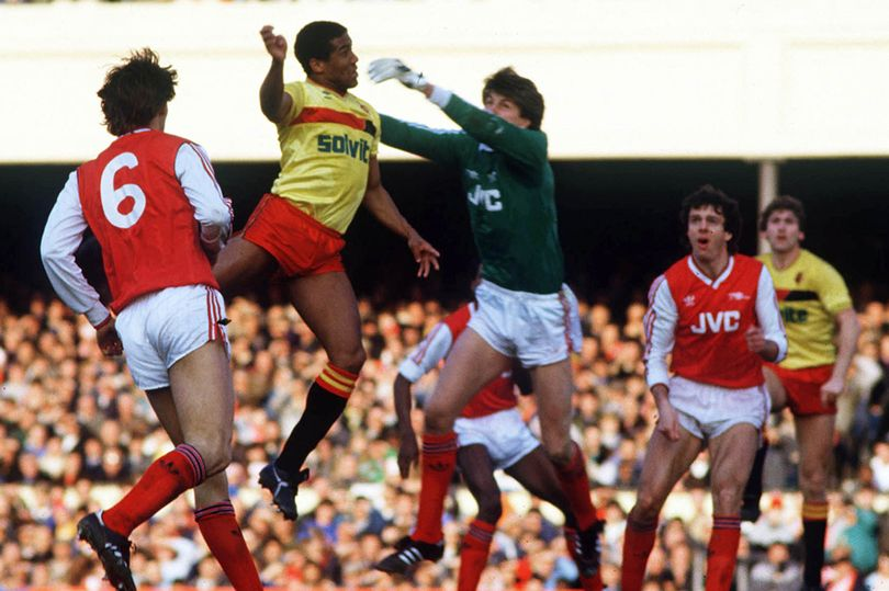 robertmdaws's tweet image. #JohnBarnes heads past #JohnLukic during the FA-Cup 6th Round match @WatfordFC vs @Arsenal 1987