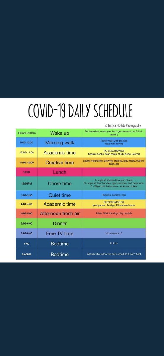 Erik_Youngman's tweet photo. An example schedule that can enhance structure and routines if school is canceled.  #EdChat #coronavirus #SatChat https://t.co/DG0sYzGUM0