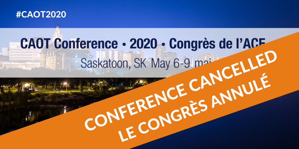 We have made the difficult but necessary decision to cancel #CAOT2020 in response to the continued rapid spread of COVID-19 and advisories from public health agencies against high-density gatherings and non-essential personal travel- caot.ca/site/pd/confer…