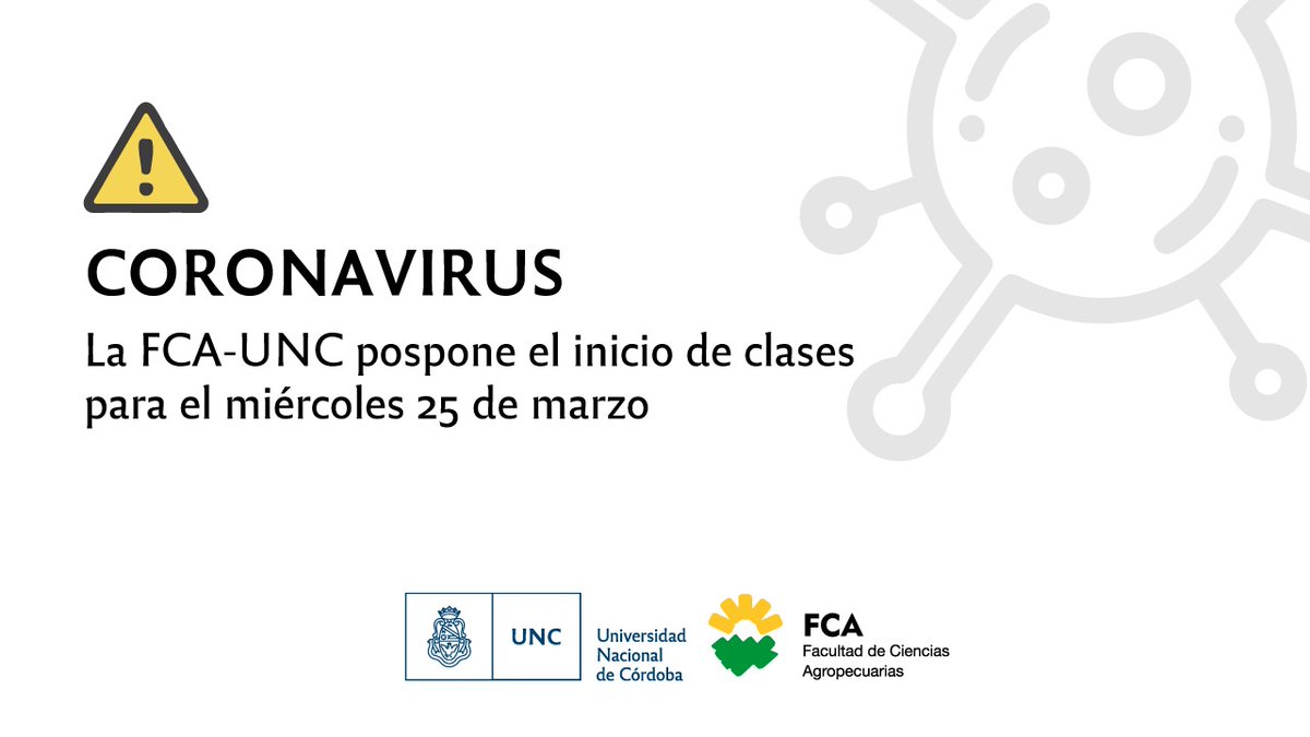 Con el objeto de garantizar el normal desarrollo de todas las actividades académicas, en virtud de la situación sanitaria que es de público conocimiento, la FCA-UNC pospone el inicio de clases para el miércoles 25 de marzo - bit.ly/3aUUg3A

#SoyAgro 🚜🌱
#FcaUnc