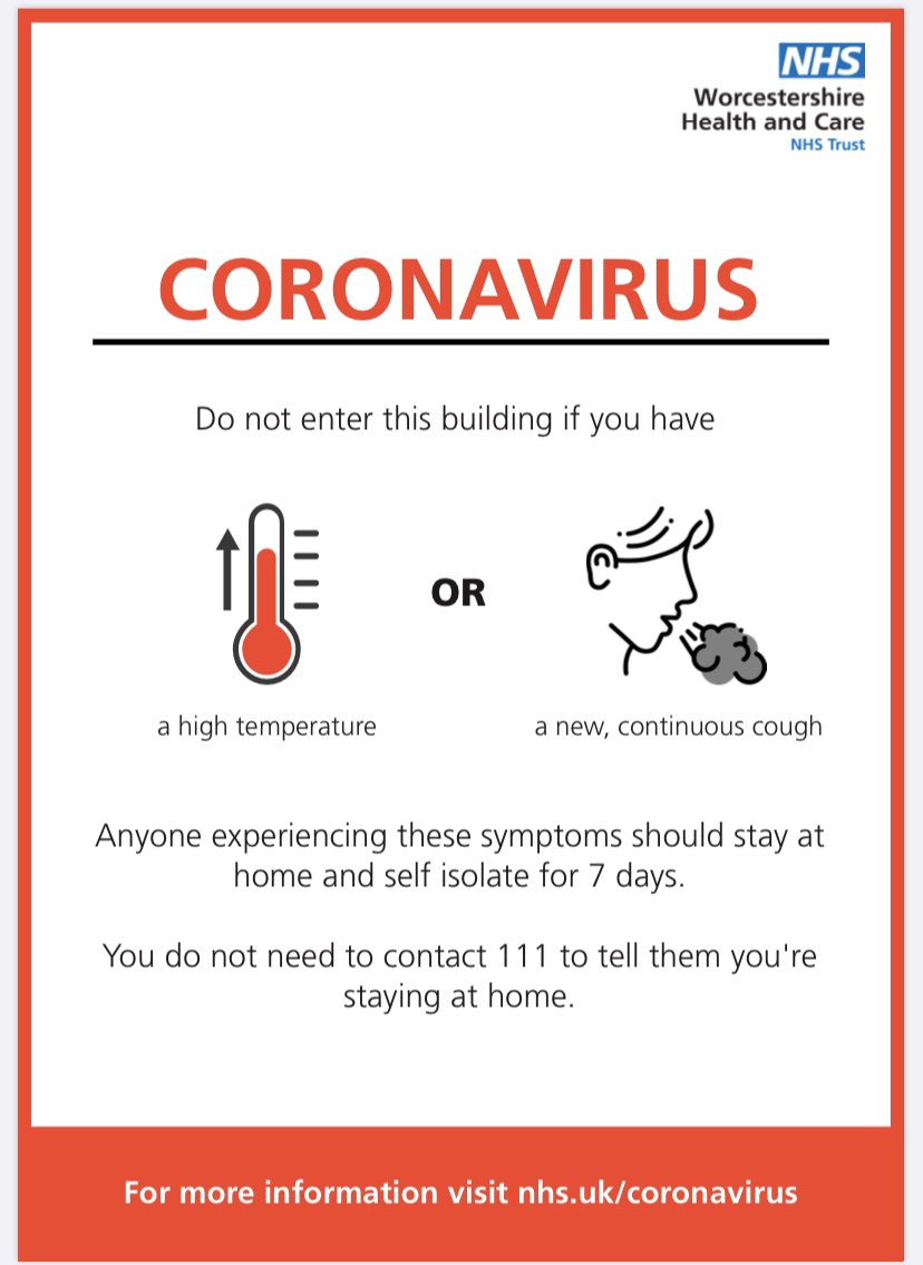 We’re updating the signage around our community hospitals and inpatient units. Please do not visit sites if you have a high temperature 🤒 OR a new, continuous cough 💨

If you have a planned appointment and have any of the above symptoms please phone ahead for advice.