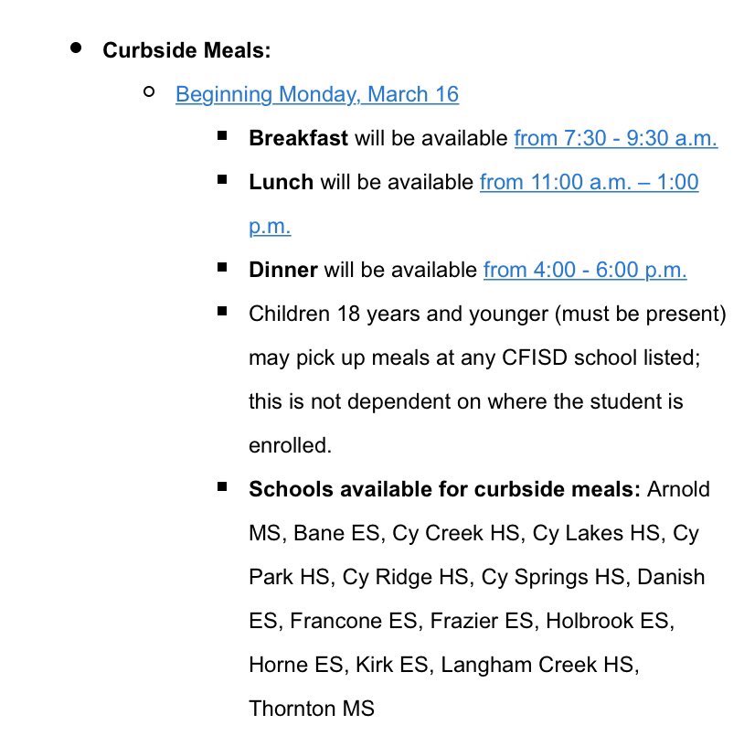 At a stressful and confusing time, <a href="/cfisd/">cfisd</a> and @SuptMarkHenry are doing a great job trying to figure things out for their students. Here are the curbside meal locations. #cfisdproud