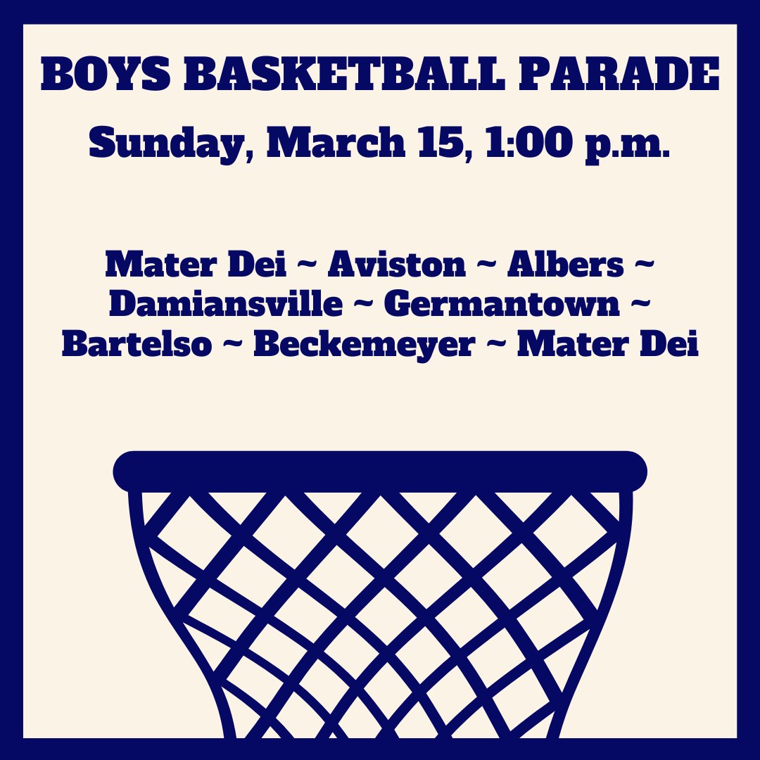 breesematerdei's tweet photo. Join us in congratulating our Basketball Knights during a parade on Sunday, March 15!

Starting at Mater Dei at 1:00 p.m., the parade will travel to Aviston, Albers, Daminsville, Germantown, Bartelso, and Beckemeyer before returning to Mater Dei. https://t.co/fqsRHa2dI4
