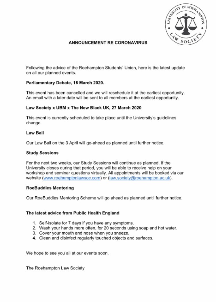 Following the advice of the <a href="/RoehamptonSU/">Roehampton SU</a> , here is the latest update on all our events.