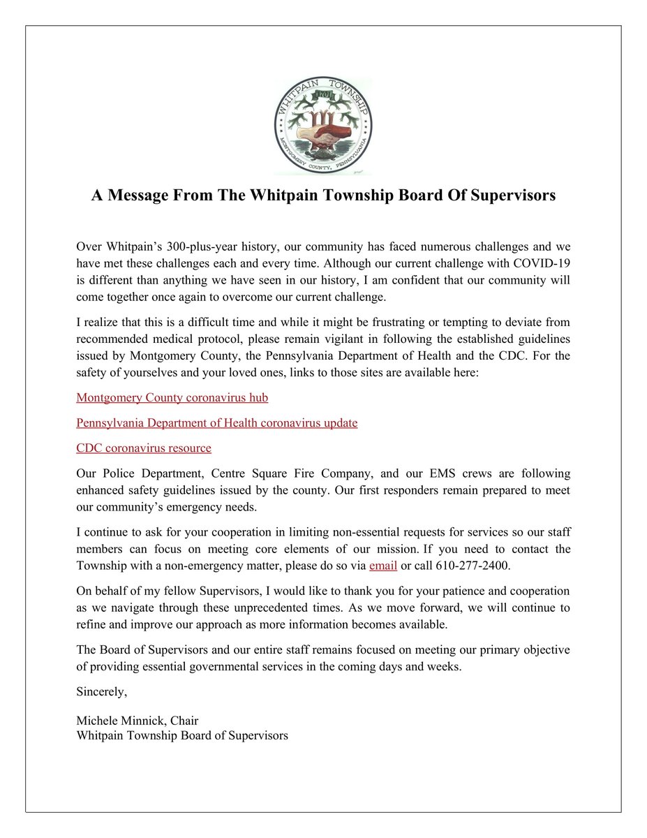 WhitpainTwp's tweet image. A message to the #Whitpain community from the Board of Supervisors. bit.ly/2TRQYbz