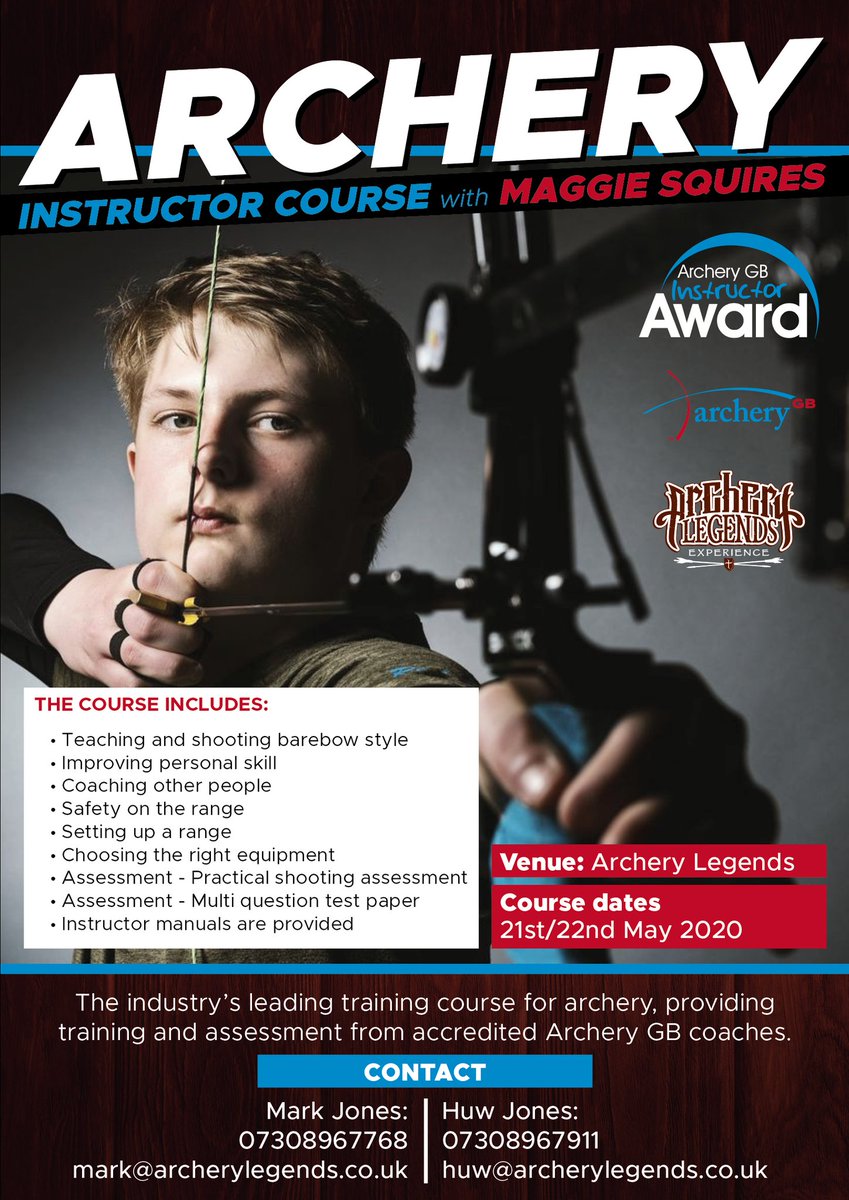 We are pleased to announce that Archery Legends are hosting a 2 day Archery GB Instructor Award, taught by Maggie Squires, on 21st-22nd May. 

If you are interested, please contact Huw or Mark for more information and an application form.

#archerygb #archerylegends