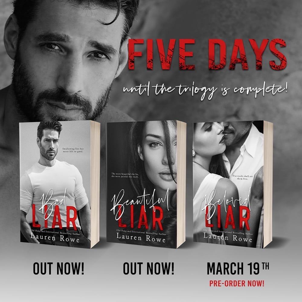 Deena92A's tweet photo. 5 MORE DAYS until The Reed Rivers Trilogy by Lauren Rowe is COMPLETE!! ❤️

Beloved Liar releases March 19. Start reading the trilogy today with BAD LIAR - FREE IN KU.
US: https://t.co/47y5PmS1w6
UK: https://t.co/WL3uXOwxoI
AU: https://t.co/aH4WLGyELc
CA: https://t.co/mbNyBUoXsi https://t.co/IY3h0Rcfpr
