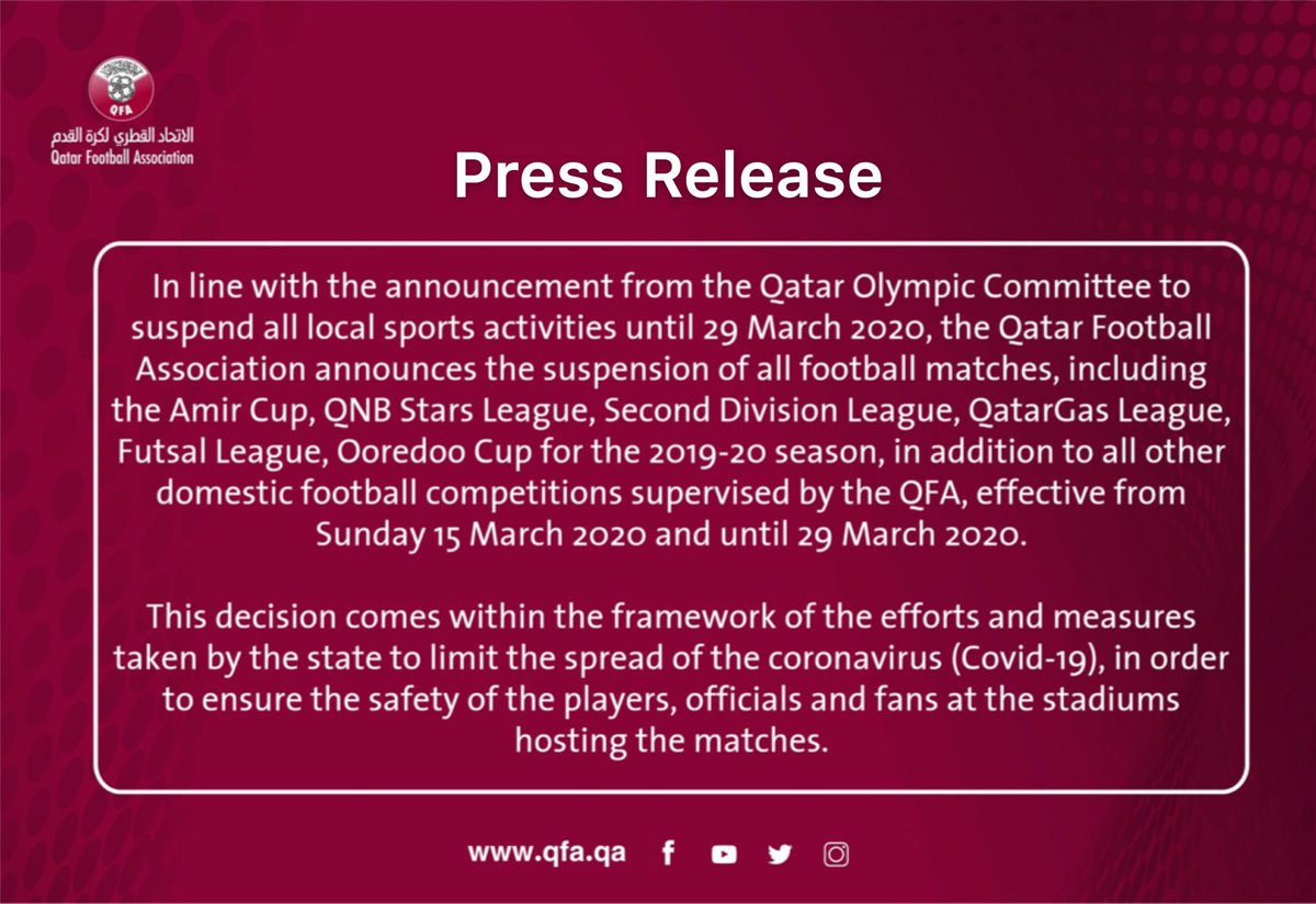 QFA_EN's tweet photo. QFA Press Release: All football competitions suspended until 29 March https://t.co/iG70Iolw5I