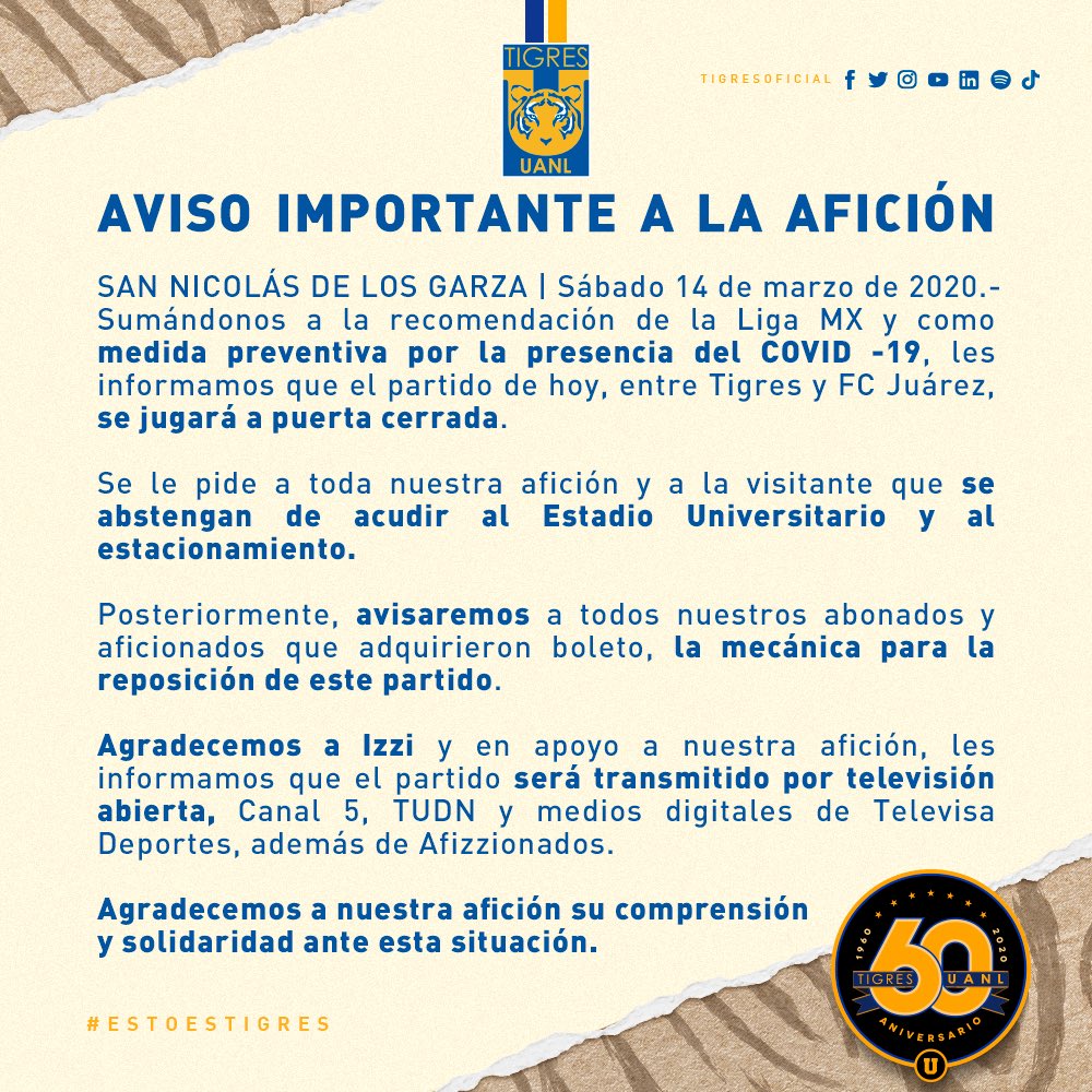 TigresOficial's tweet photo. 🚨IMPORTANTE🚨

Aviso a nuestra afición para el partido de hoy. https://t.co/ygpgvNC5s2