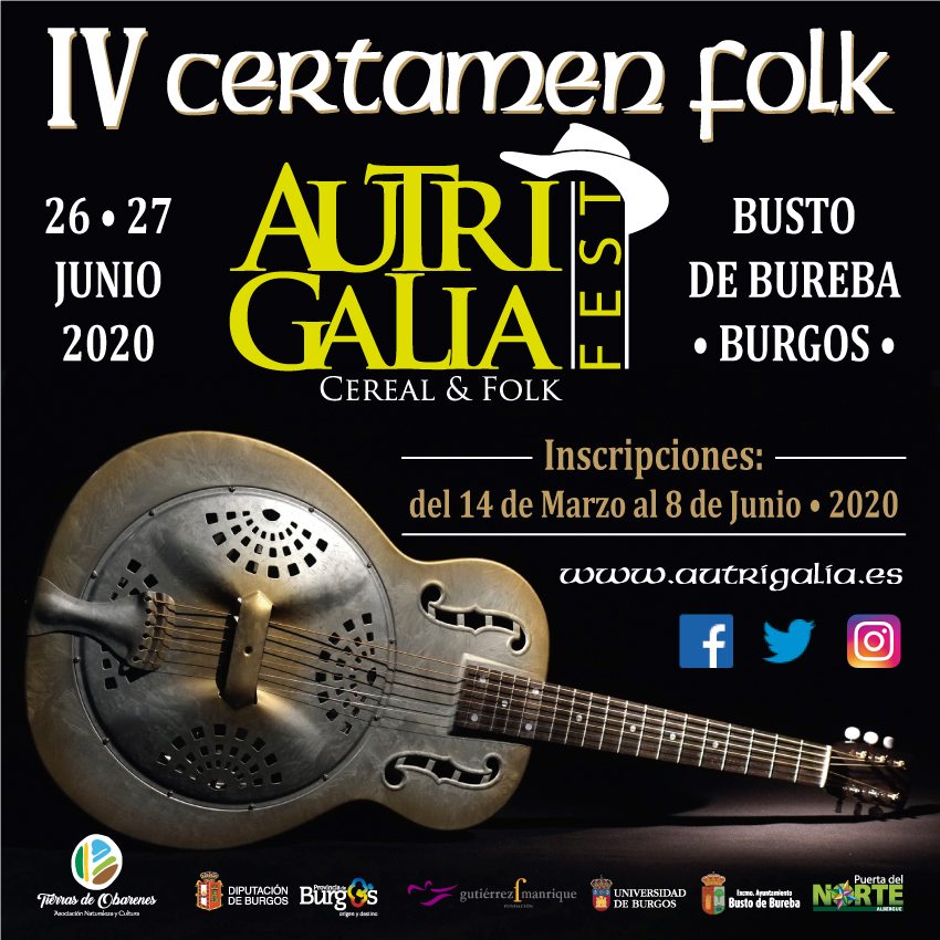 Abierto el plazo de inscripción para participar en el IV Certamen de Música Folk de Autrigalia Fest 2020. BASES:
tierrasdeobarenes.org/images/pdfs/ba… FORMULARIO: bit.ly/2Iyhtys
<a href="/UBUCultura/">UBU Cultura</a> <a href="/Fundcajaburgos/">Fundación Caja de Burgos</a> @Diputaciondeburgos #AyuntamientoBustodeBureba #Alberguepuertadelnorte
