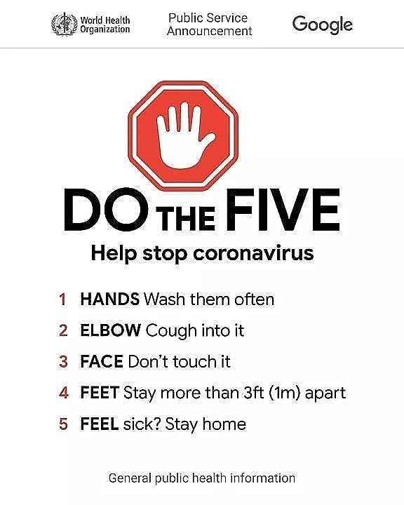 s_sentha's tweet photo. There are five simple things healthcare experts recommend that everyone can do to help stop the spread of coronavirus (COVID-19).

DO THE FIVE and share this to get the word out. https://t.co/UPufwYGVwl