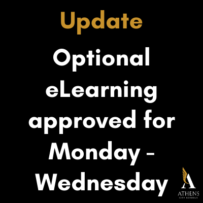 AthensALSchools's tweet photo. UPDATE: eLearning option for students

Athens City Schools will be open &amp; classes will be in session Monday, March 16 - Wednesday, March 18. During these three days, ACS will offer eLearning as an option for students and families. Details at https://t.co/T9Y40TNoQj #oneathens https://t.co/BkUeGnGygB