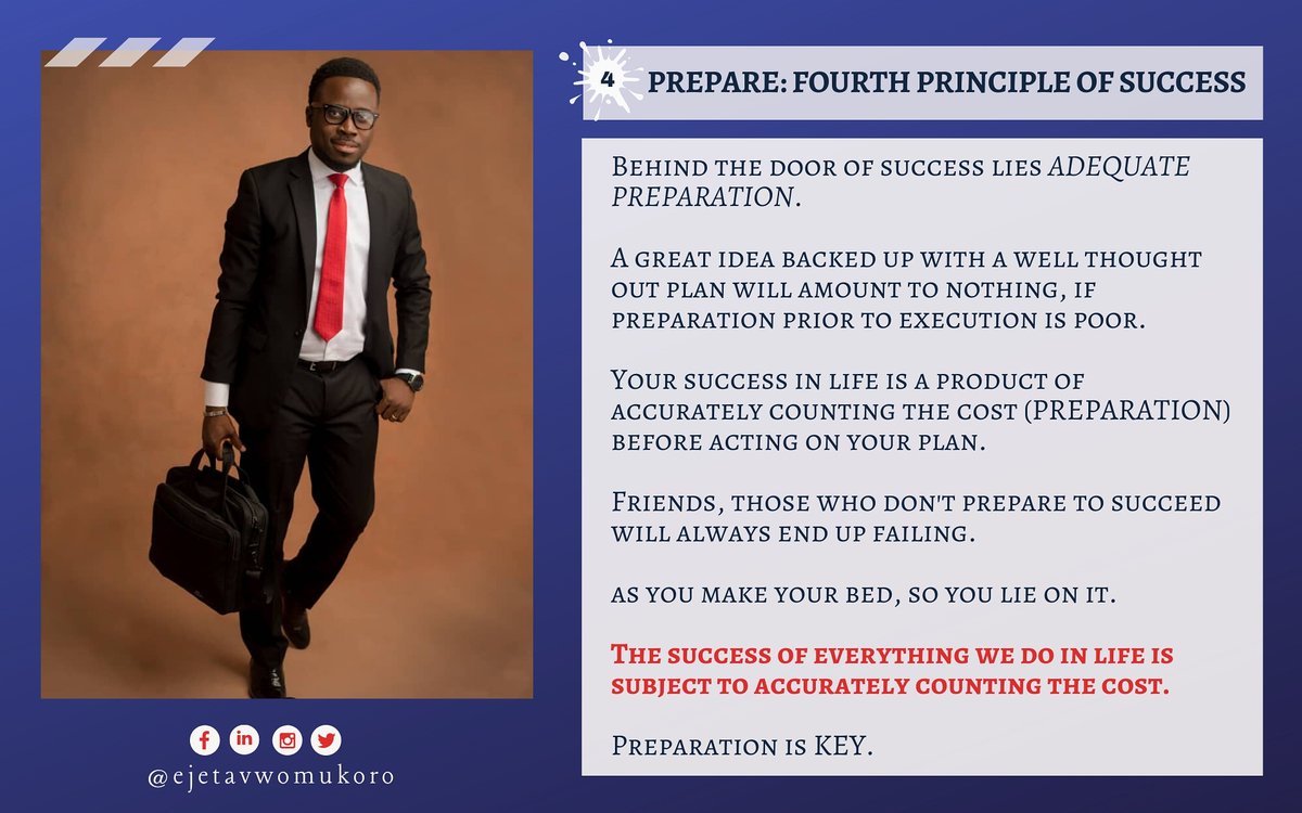 ejetavwomukoro's tweet photo. PREPARE: STEP FOUR OF THE 13P2A FAIL-PROOF SUCCESS PRINCIPLE. 

Tap for more👇🏾
https://t.co/Hqys6MwXUp

#prepare
#fourthprinciple 
#I3P2Aprinciple 
#failproofsuccess 
#TAMEFDFChallenge 
#TAME4.0 
#EMTA 
#transforminglives 
#fufillingdestinies 
#ejetavwomukoro https://t.co/dqGeVwov6o