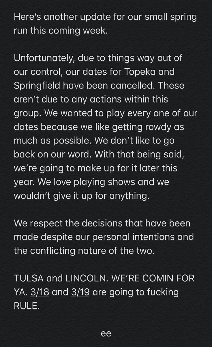 We didn’t want to not play these shows but we can’t. We’ll be back.