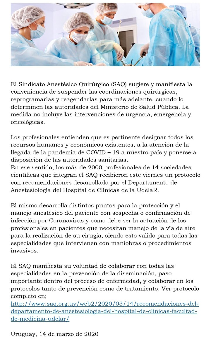COMUNICADO

Sugerimos suspender las coordinaciones quirúrgicas y  reprogramarlas. NO incluye las intervenciones de urgencia, emergencia y oncológicas.  

Corresponde designar todos los recursos humanos y económicos, a la atención de la llegada de la pandemia de #COVIDー19 .👇