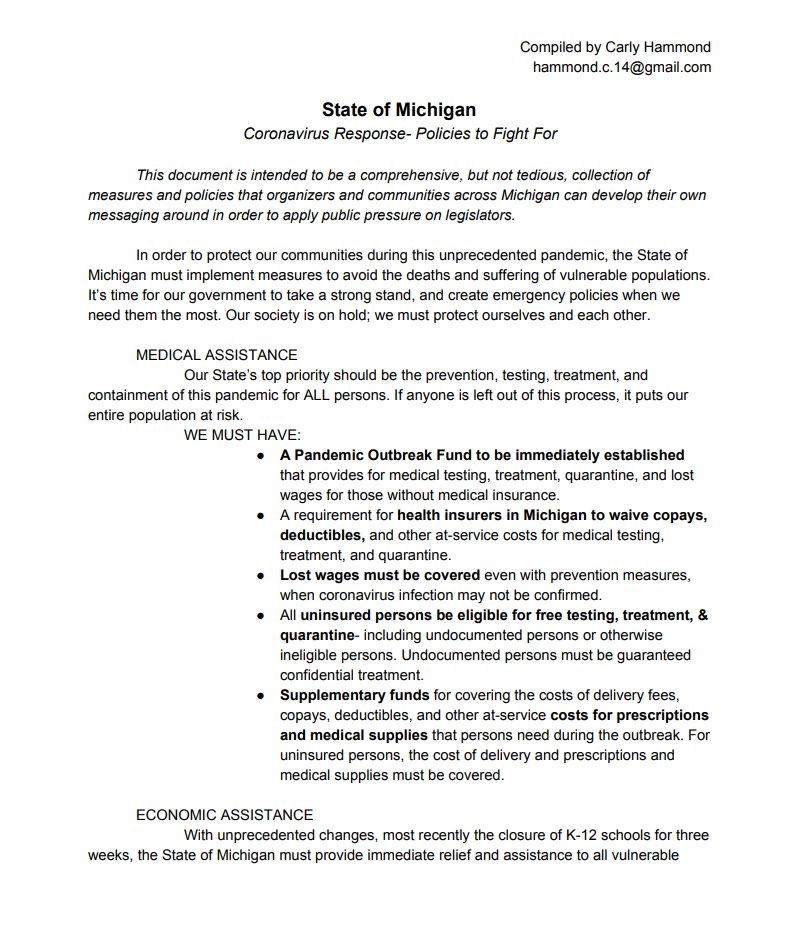 CarlyinMichigan's tweet image. My own @Mileg Coronavirus policy suggestions. Currently folding into proposals from other advocacy groups. @repWIR @DetroitEducator