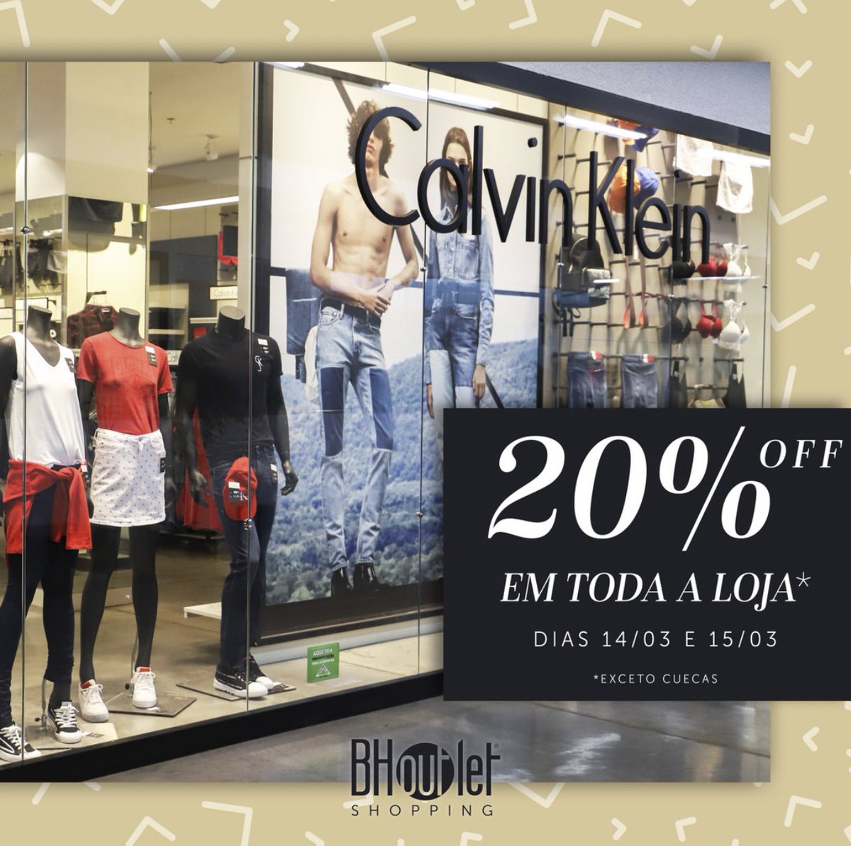 BHOutletPlus's tweet photo. Hoje e amanhã (14/03 e 15/03) a #CalvinKlein estará com 20% off em toda a loja (exceto cuecas). Corre pra cá e garanta seus looks! https://t.co/iU9rWFFynI