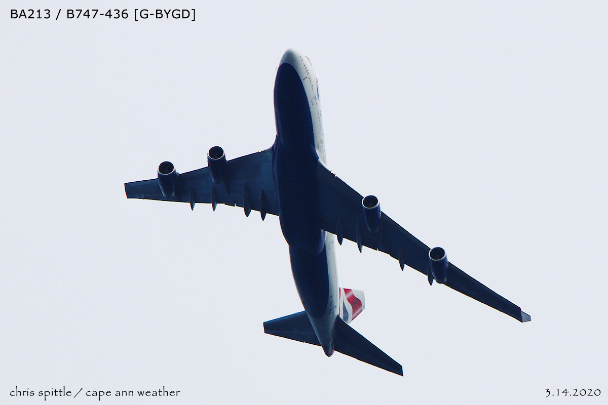 CapeAnnWeather's tweet photo. ✈️ #BA213 / #B747-436 [G-BYGD] on initial at 7000' over #GloucesterMA a few minutes ago... 
#Avgeek #QOTS https://t.co/V9MFiuzEPZ