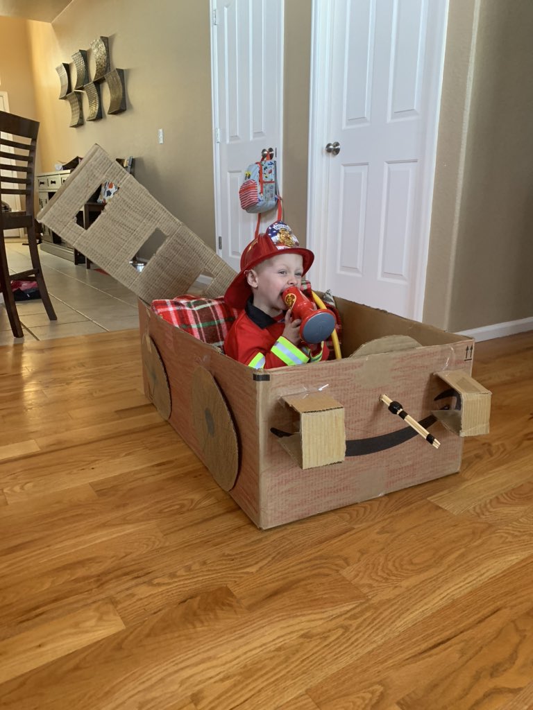 Hockey &amp; birthday parties canceled this weekend b/c of #coronavirus. Instead we have fun making a fire truck out of an <a href="/amazon/">Amazon</a> box!