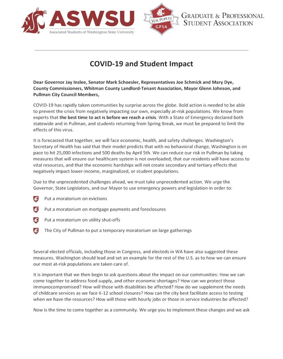ASWSU's tweet photo. GPSA, ASWSU, and President Kirk Schulz urge a moratorium on evictions, mortgage payments, foreclosures, and utility shut-offs, and large gatherings to help health and safety during COVID-19 pandemic. The full letter can be read at: https://t.co/lm23IMzeRf https://t.co/zGHleLuK1f