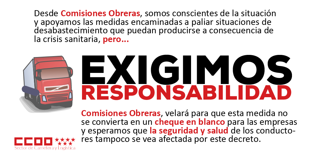 CCOOcarlogMad's tweet photo. Ante el decreto en el que SE SUSPENDEN TEMPORALMENTE LOS TIEMPOS DE CONDUCCIÓN Y DESCANSO EN EL TRANSPORTE DE MERCANCÍAS PARA GARANTIZAR EL ABASTECIMIENTO. #ExigimosResponsabilidad
https://t.co/4n50MgIRwu
#COVID19  #Coronavirusmadrid #COVIDー19 https://t.co/uDw0n84qyg