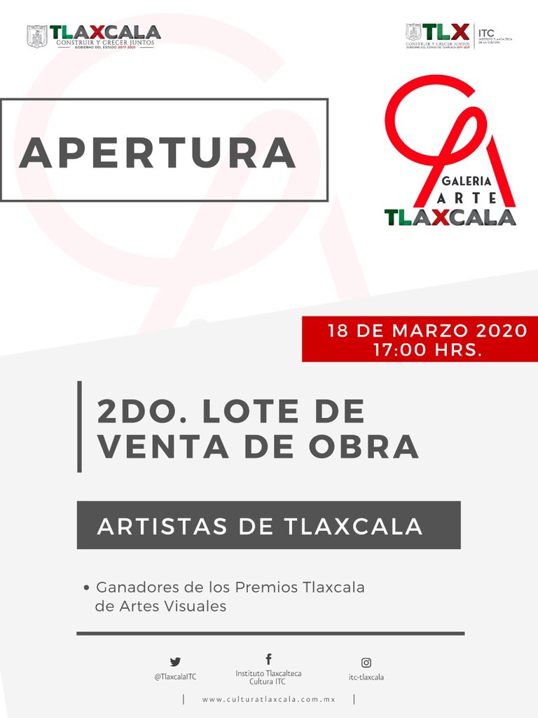 CulturaTlaxcala's tweet photo. 🎨 ¿Quieres adquirir arte 100% tlaxcalteca?
¡Te esperamos en la Apertura del 2º Lote de Venta!
🧑🏻🎨 17 Artistas, ganadores de los Premios de Artes Visuales desde 1999 – 2019.
🖼 34 obras, entre pintura, grabado, fotografía y escultura.
#ComprArte #RegalArte apoyemos... https://t.co/mP7xcI1V4b