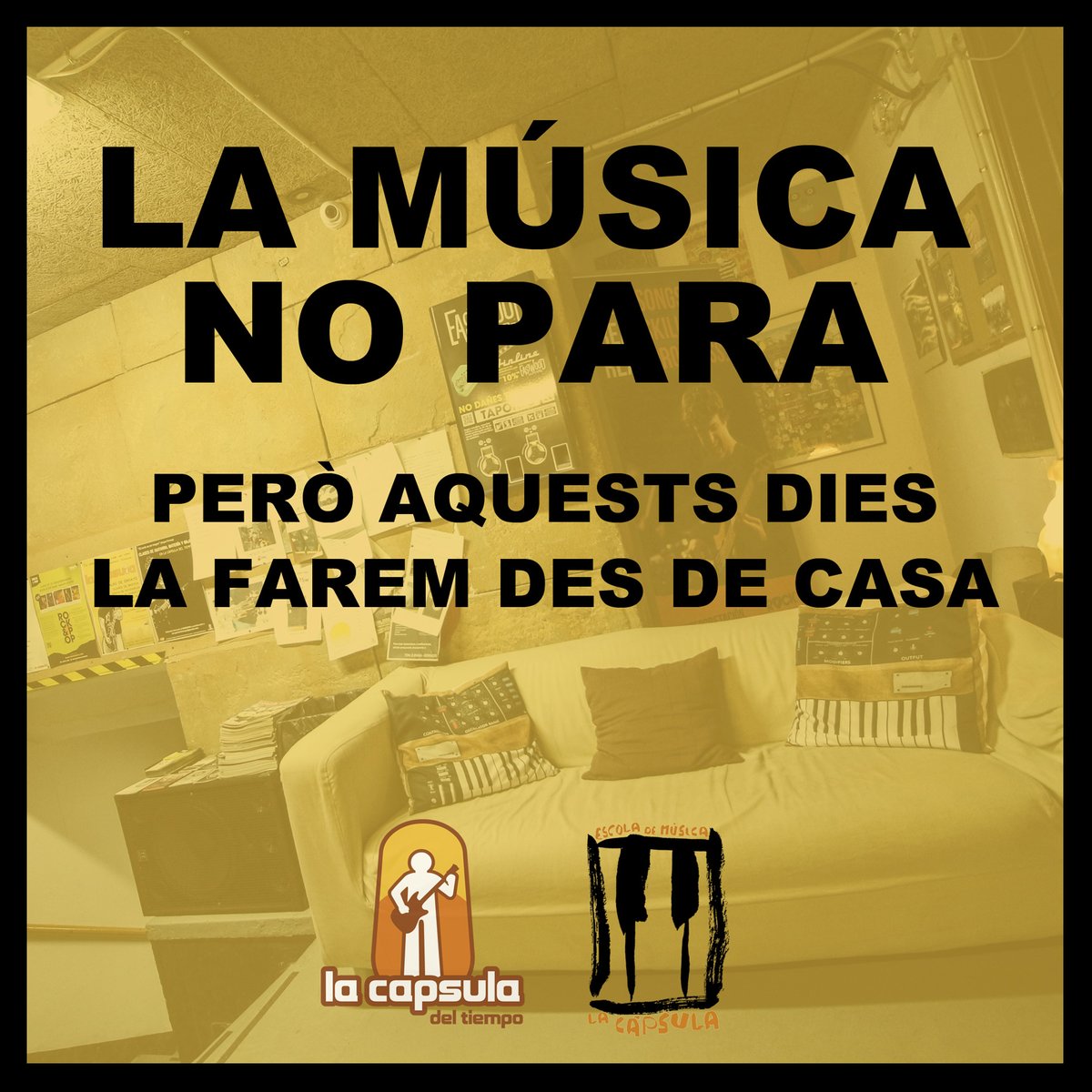 Tanquem instal·lacions durant 2 setmanes.

Cancel·lem el servei de sales d'assaig per hores i les classes grupals.

Mantenim les classes de música individuals i teòriques (es faran per videoconferència), i l'accés dels usuaris de locals mensuals.

lacapsuladeltiempo.com/noticias/comun…