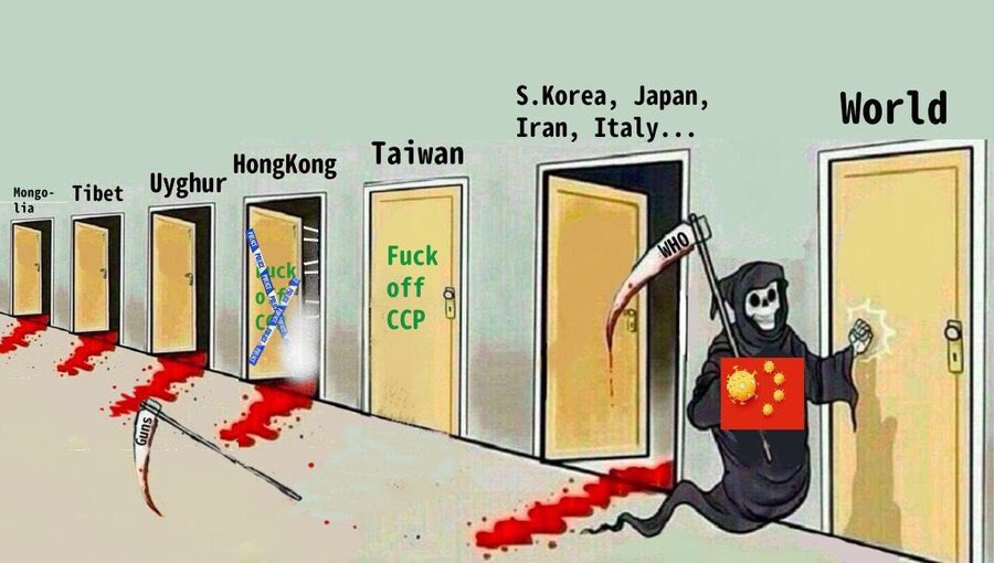 CriticalCezanne's tweet photo. The evil spirit walked to the fourth door only six months ago. Now the world is to plunge the people into misery and suffering. How can you be sure that it will not knock on your door?
#FuckoffCCP #coronavirus https://t.co/kHrw5sPgCA