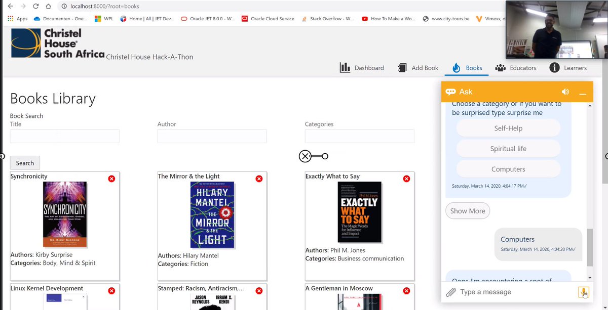 Inspiring <a href="/OracleJET/">Oracle JET</a> hackathon held today, across EMEA, with @steltix, <a href="/ContributeInfo/">Contribute</a>, and <a href="/CapgeminiUK/">CapgeminiUK</a>, to create an app for <a href="/ChristelHouseSA/">Christel House SA</a>, including chatbot integration, with Oracle Digital Assistant, led by <a href="/seewardarts/">Christian McCabe</a>, <a href="/filiphuysmans/">Filip Huysmans</a>, @PhilConsultant, <a href="/Jmneate/">James Neate</a>, and more!