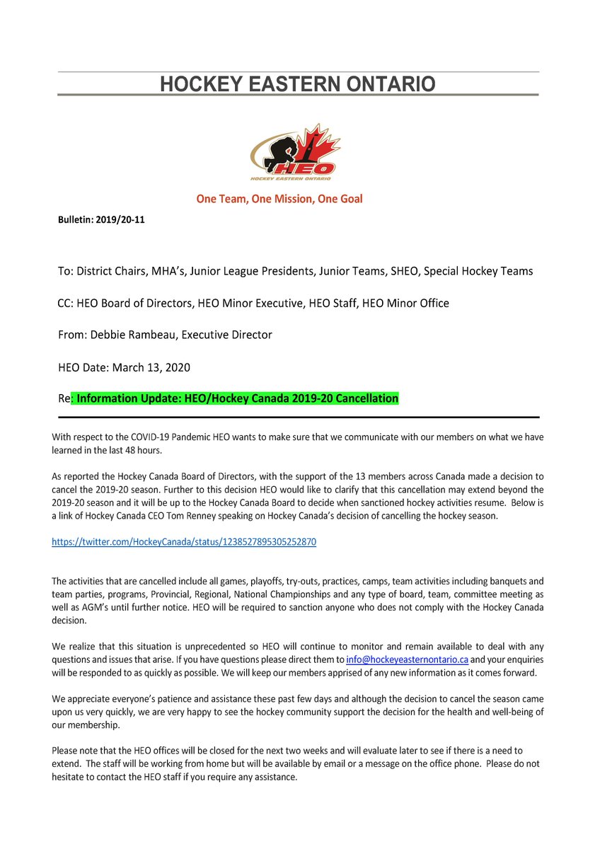 HEOhockey's tweet photo. Information update regarding HEO/Hockey Canada 2019-20 cancellation. https://t.co/8gsJK6GhgL
