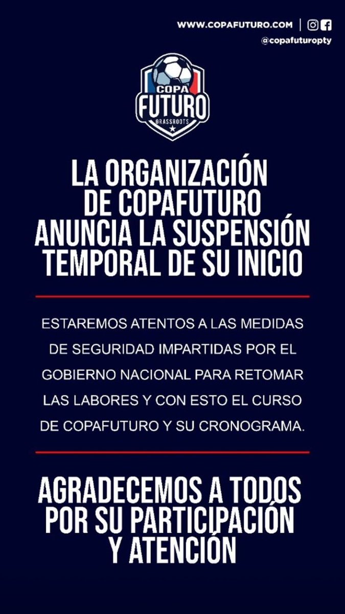 futuro_copa's tweet photo. La organización de Copa Futuro anuncia la suspensión de su inicio. Fuerza #Panama pronto saldremos de esta!! 😷 https://t.co/YmreQtOw4a