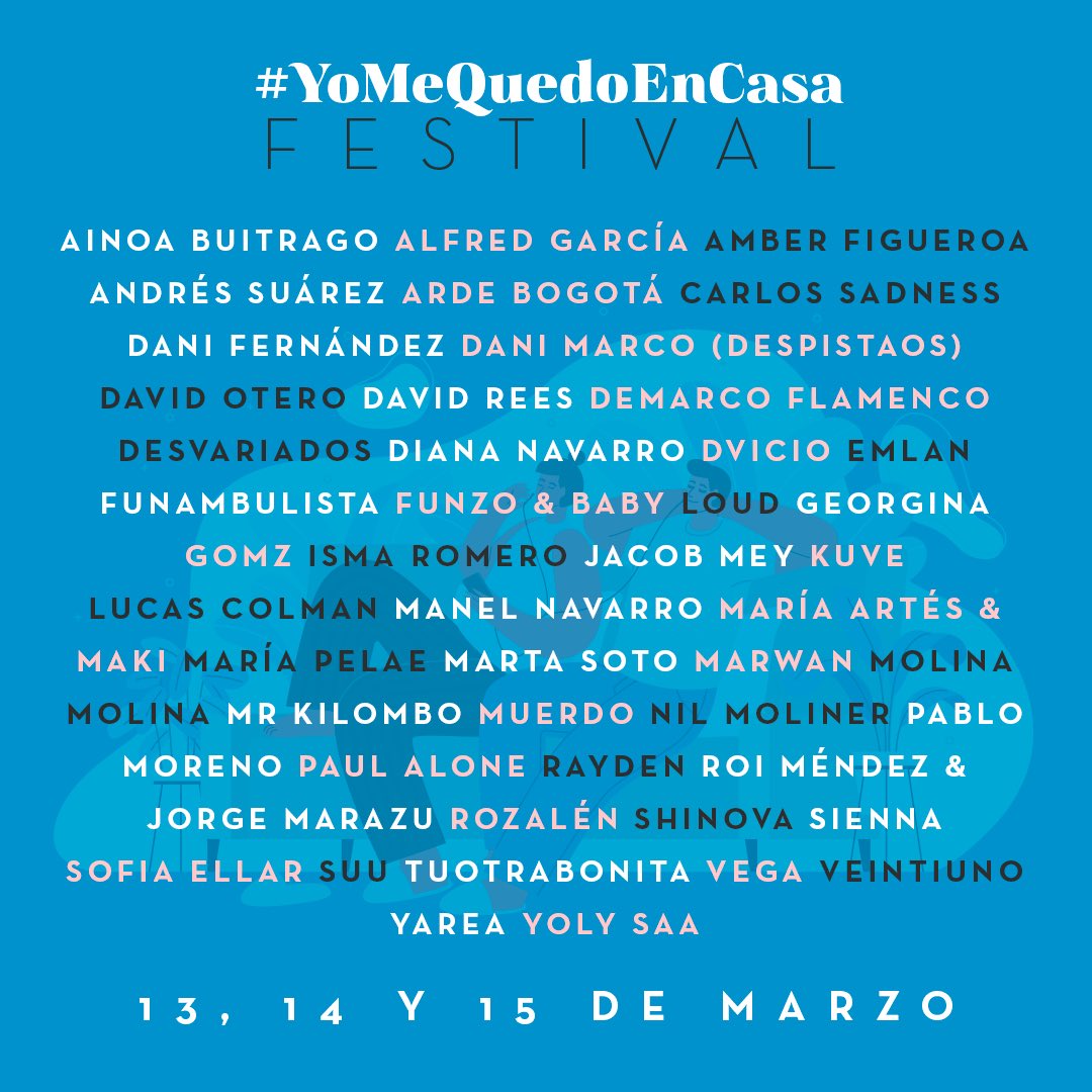 #YoMeQuedoEnCasaFestival serán una serie de actuaciones simbólicas, de 30 minutos cada una, que realizaremos los artistas del cartel desde nuestra cuenta de Instagram Live para intentar frenar el contagio del COVID-19 evitando salir de casa. Por <a href="/alfredgarcia/">alfredgarcia</a>