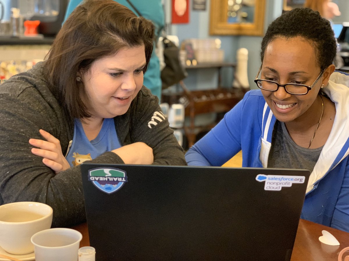 This is the look of success after some hard won trial &amp; error with the <a href="/trailhead/">Trailhead</a> Lightning Experience Specialist 🌟 Superbadge 🌟 at #SFSaturday 🥳 Data Loader Exports, Excel VLOOKUPs and OpportunityLineItems, oh my! 🥂