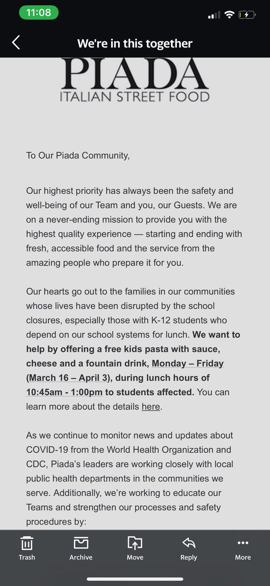 If you have any siblings or other family/friends in k-12, Piada is giving free kids pasta &amp; drink to those who will be out of school and need lunch.