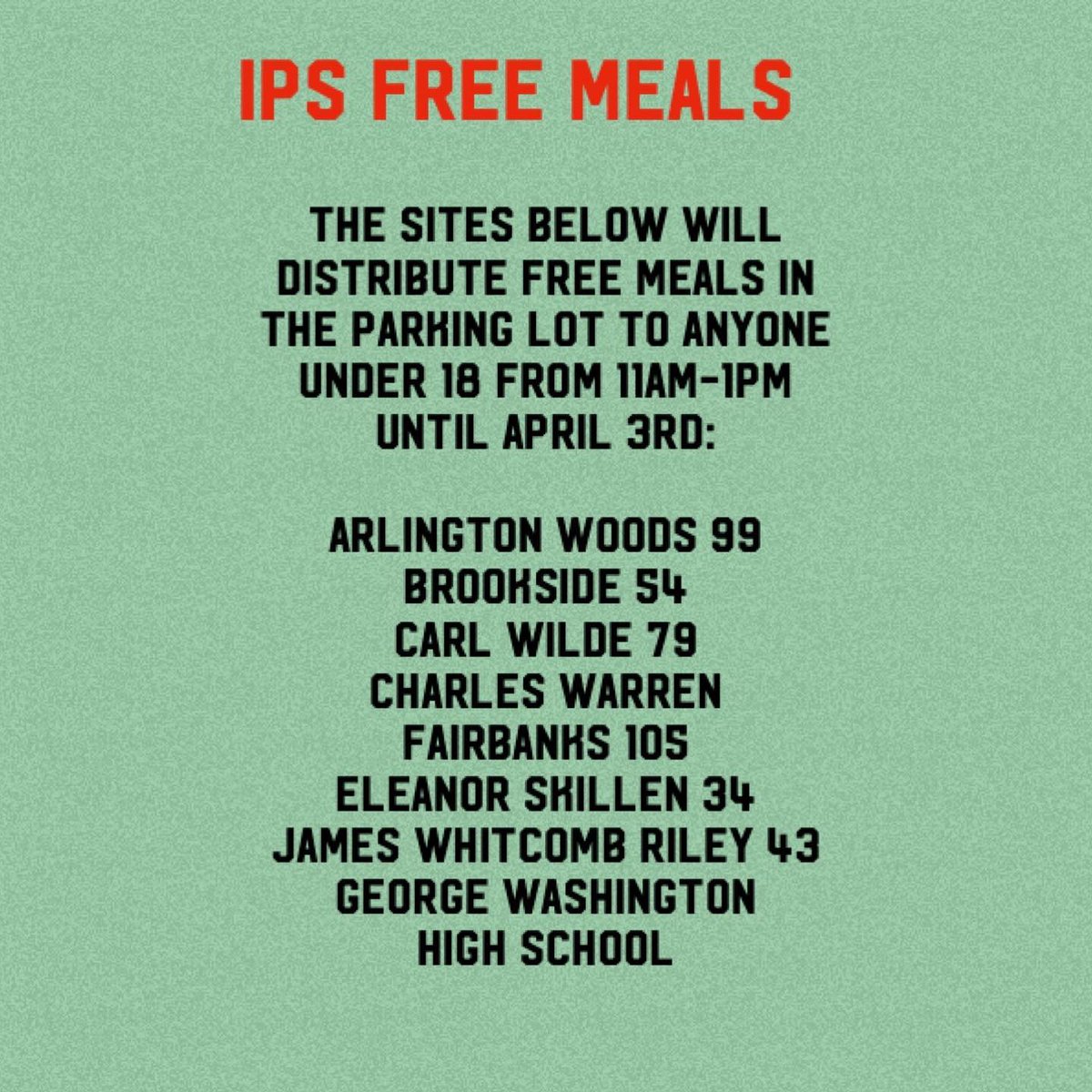 IndianapolisEMS's tweet image. Thanks to @IndyParksandRec  and @IPSSchools  for making this information available on where people under the age of 18 can go for free meals during this time.