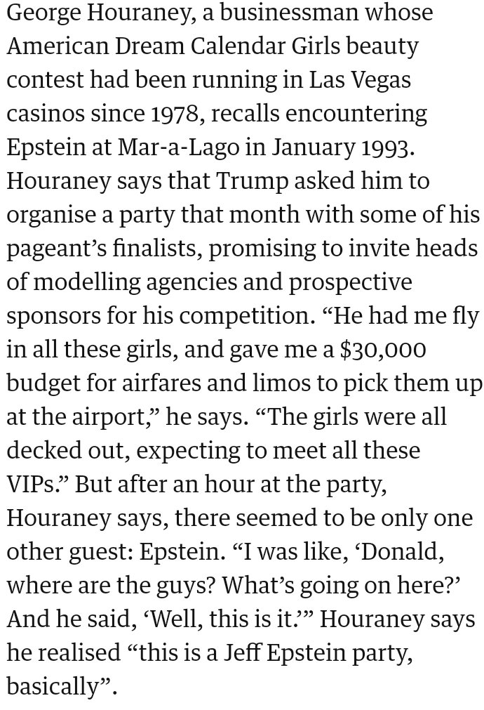 “I was like, ‘Donald, where are the guys? What’s going on here?’ And he said, ‘Well, this is it.’” Houraney says he realised “this is a Jeff Epstein party, basically”. theguardian.com/us-news/2020/m…