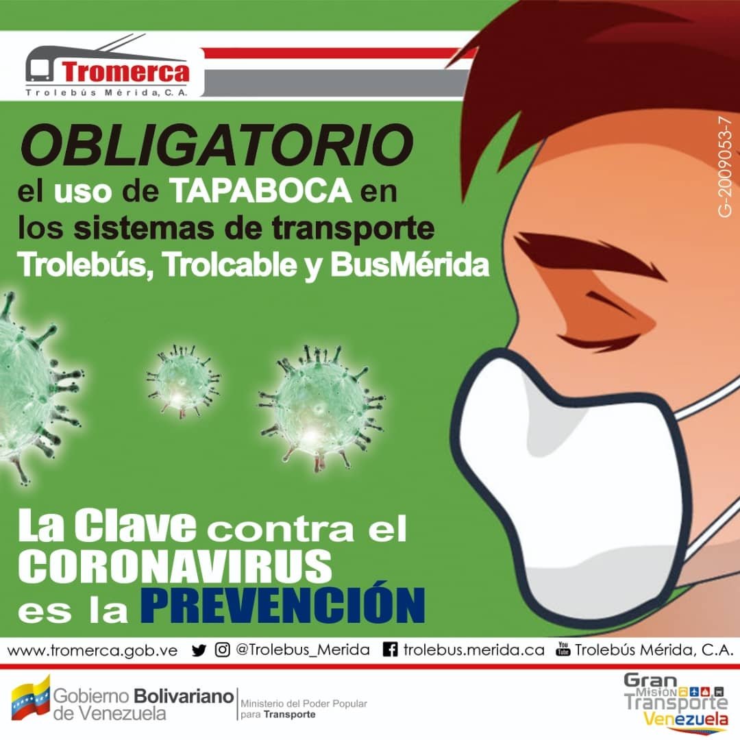 JEHYSONGUZMAN's tweet photo. Pueblo Merideño, siguiendo las orientaciones de nuestro Pdte. @NicolasMaduro, de la Vicepresidenta @drodriguezven y de la OMS, hemos tomado la decisión preventiva del USO OBLIGATORIO de MASCARILLA en todo el sistema @trolebus_merida, TrolCable y BusMérida. | #Covid19 #Mérida https://t.co/BHfaqz9Wzd