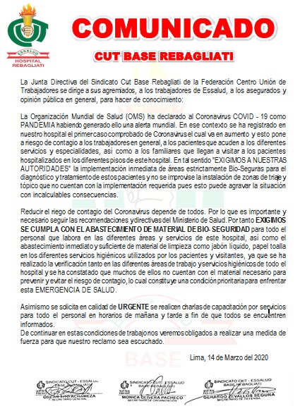 cutreba18's tweet photo. #COMUNICADO
Los trabajadores del Hospital Rebagliati, solicitamos se nos garantice URGENTE medidas de Bio - Seguridad para poder atender a la población y evitar se propague el virus COVID – 19.  @Minsa_Peru @EsSaludPeru @BASEREBAGLIATI @cutreba18 @FedCut @MinjusDH_Peru @MTPE_Per https://t.co/W84LVbCQoi