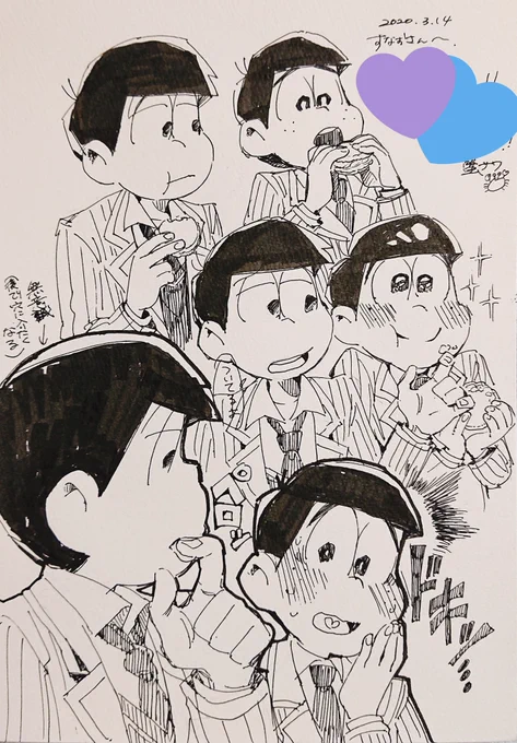 蟹サワさんにマカロン1842描いて頂いた自慢!からまつくんのコロコロ変わる表情全部が愛しくて愛しくてたまらん〜〜……いちまつくんの無意識彼氏ムーブ最高じゃないですか?手つきがめちゃくちゃかっこいい…!らぶが始まりそうな青春のスケブ、ありがとうございます??? 